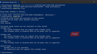 Windows terminal powercfg command show sleep states