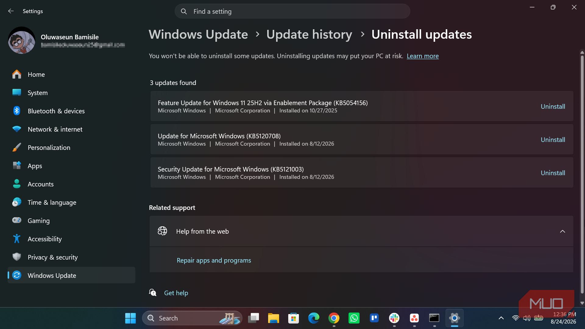 Windows uninstall updates page