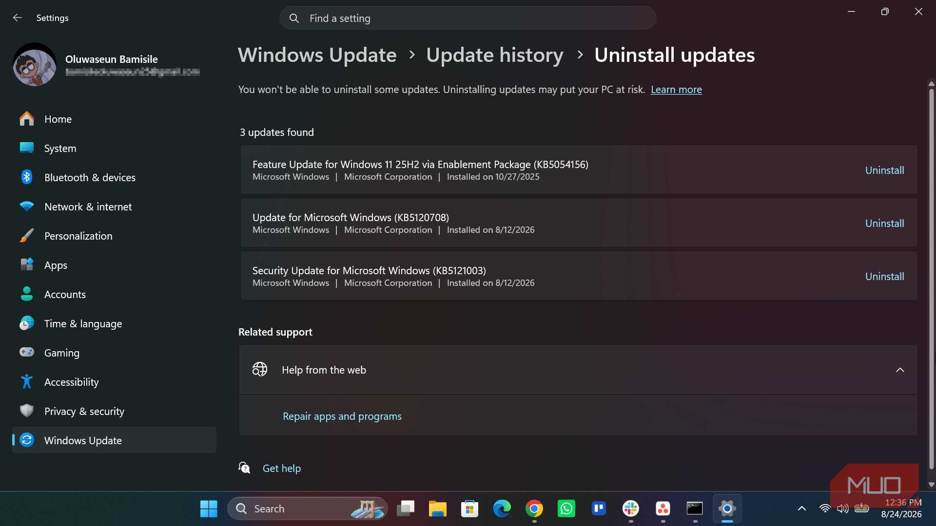 Windows uninstall updates page