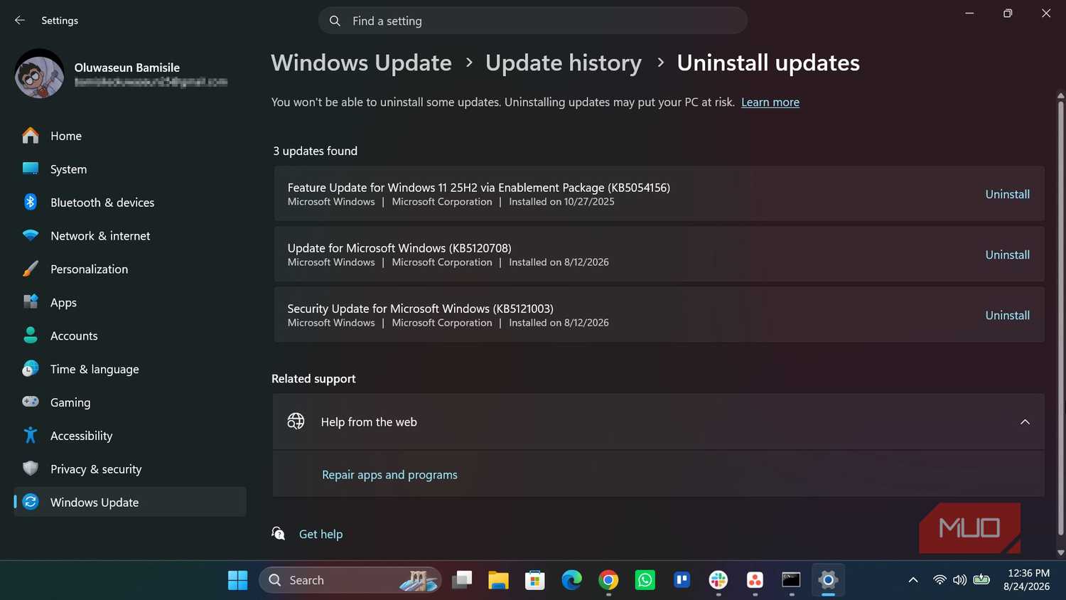 Windows uninstall updates page