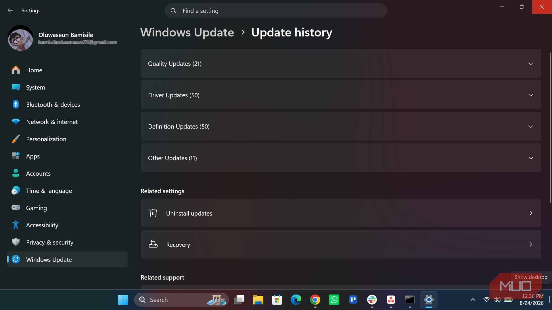 Windows update history page