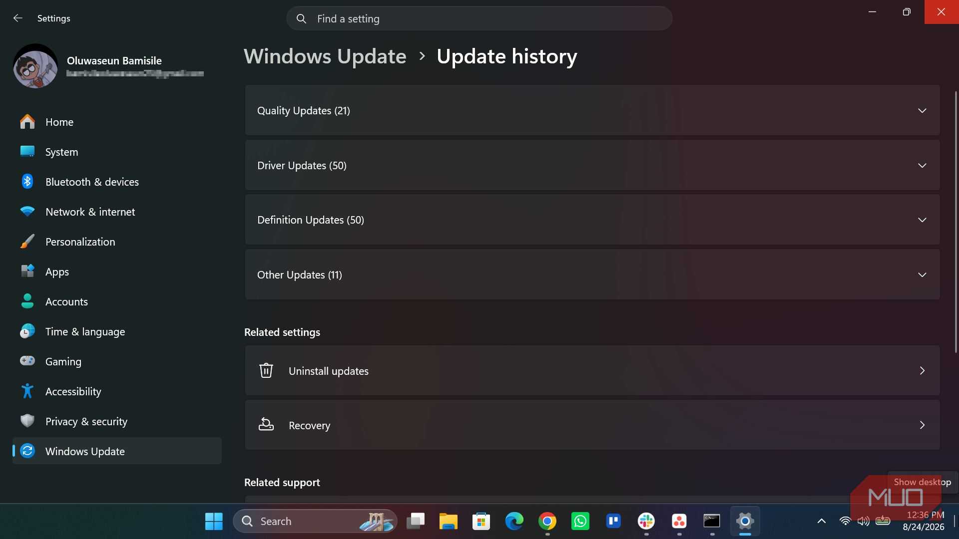 Windows update history page