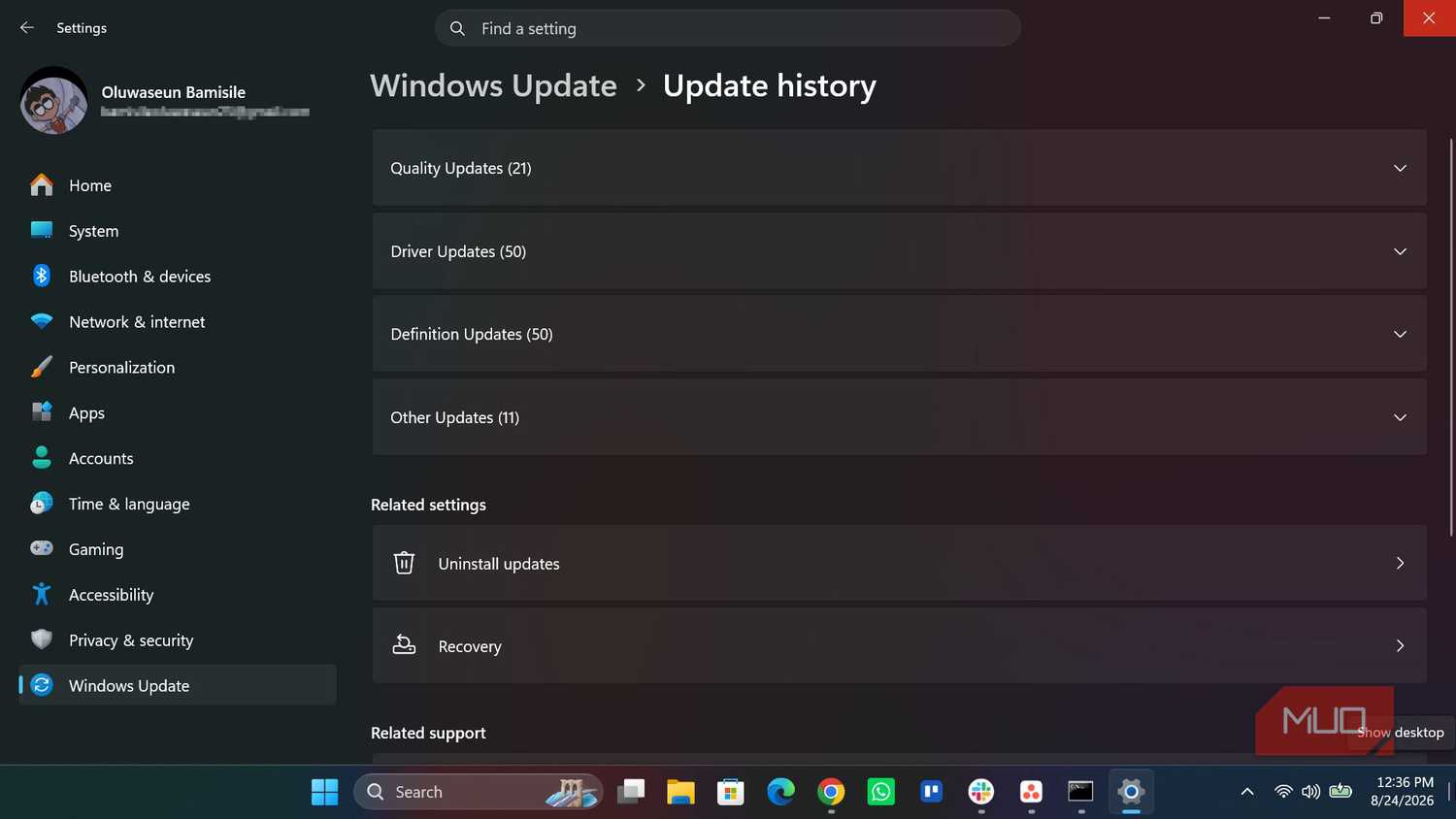 Windows update history page