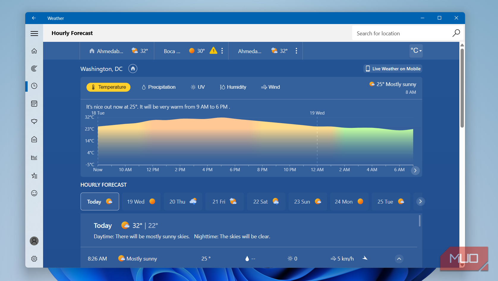Windows Weather app hourly forecast on desktop