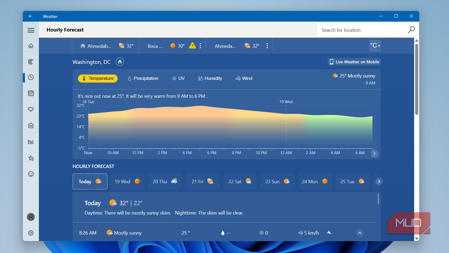 Windows Weather app hourly forecast on desktop
