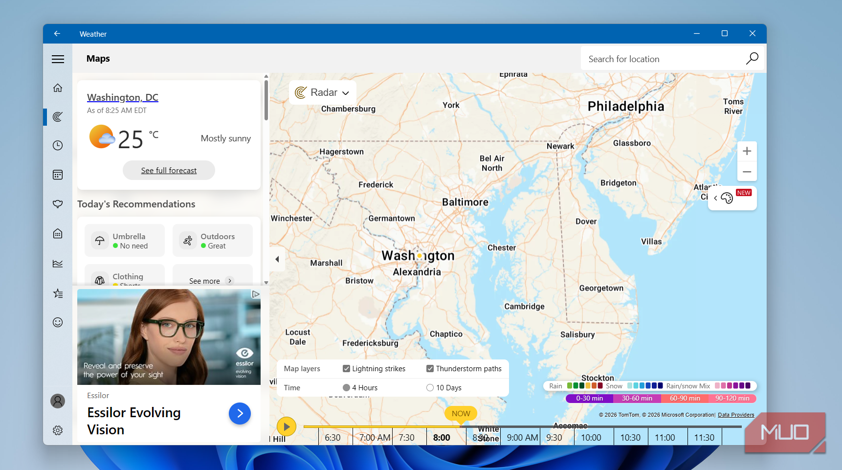 Windows Weather app showing map on desktop