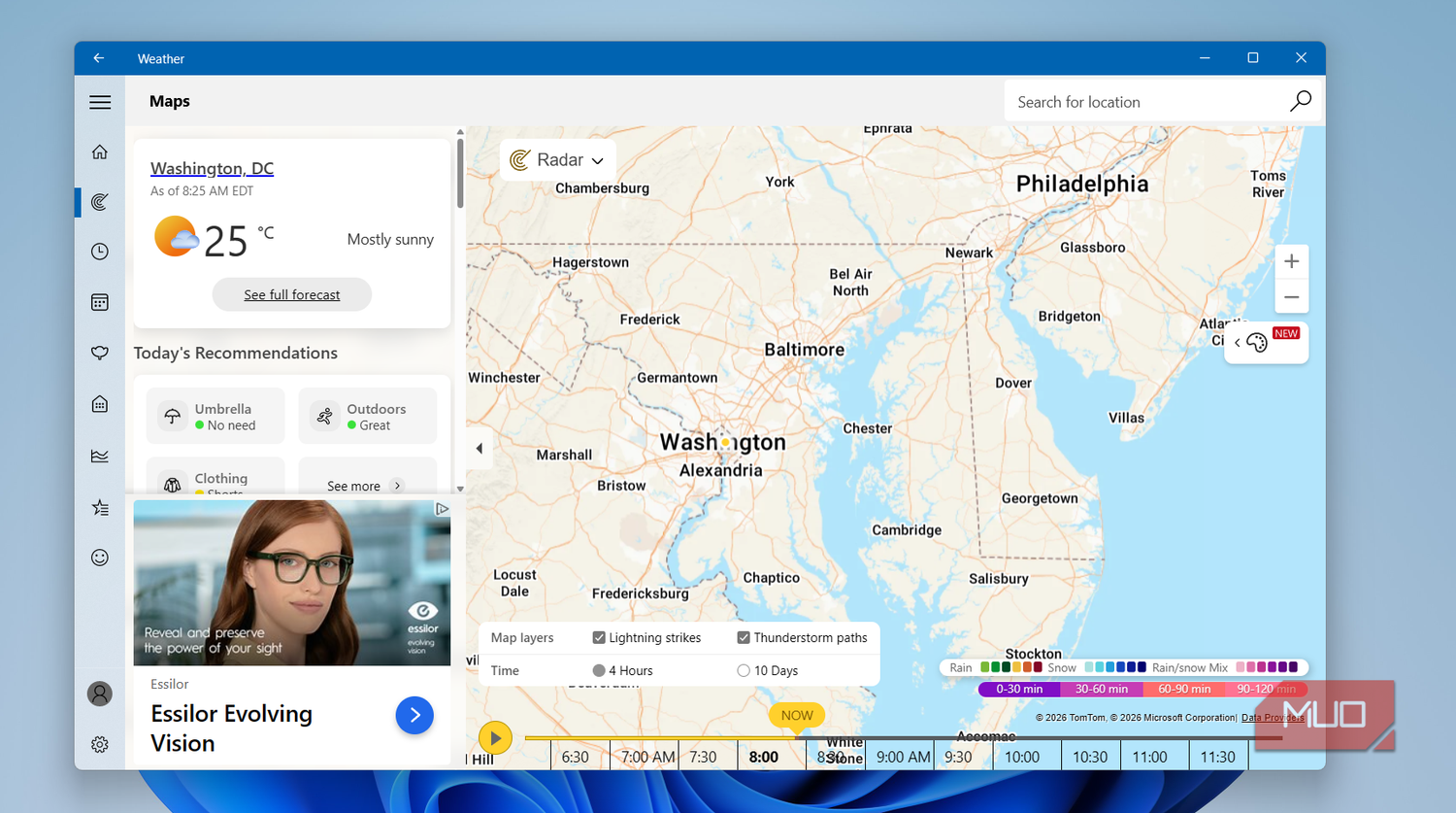 Windows Weather app showing map on desktop