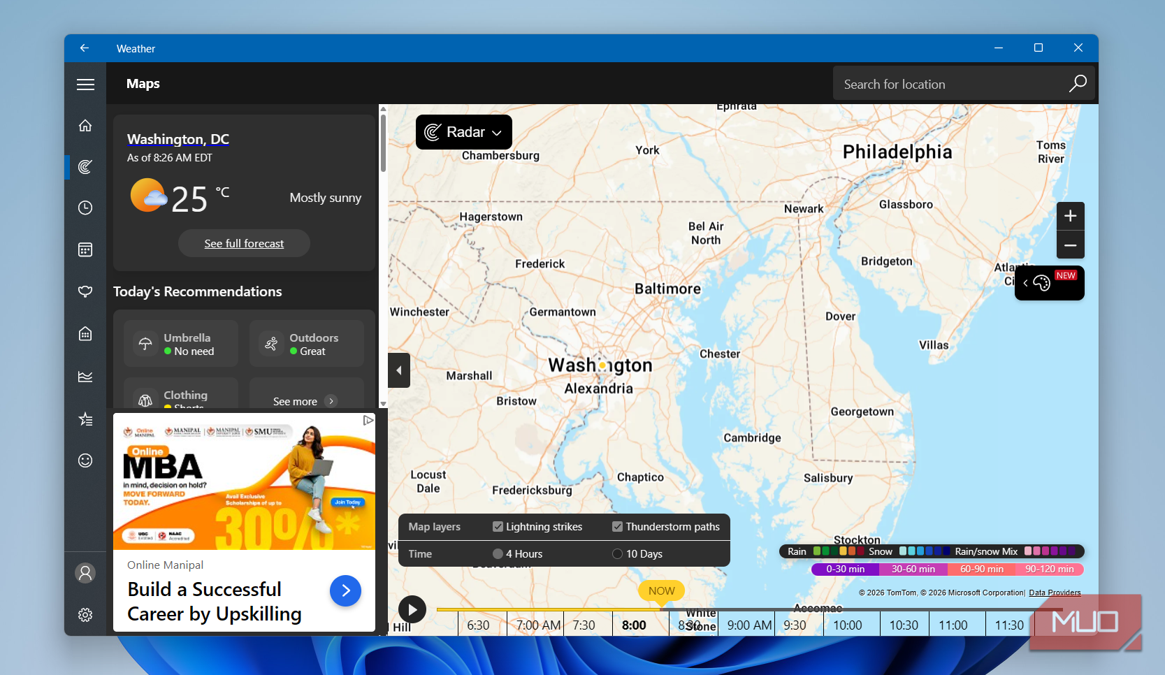 Windows Weather app showing map