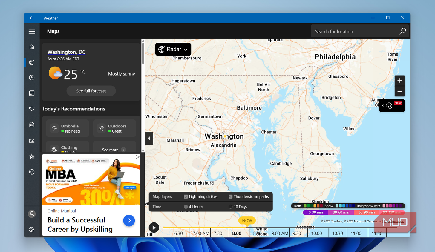 Windows Weather app showing map