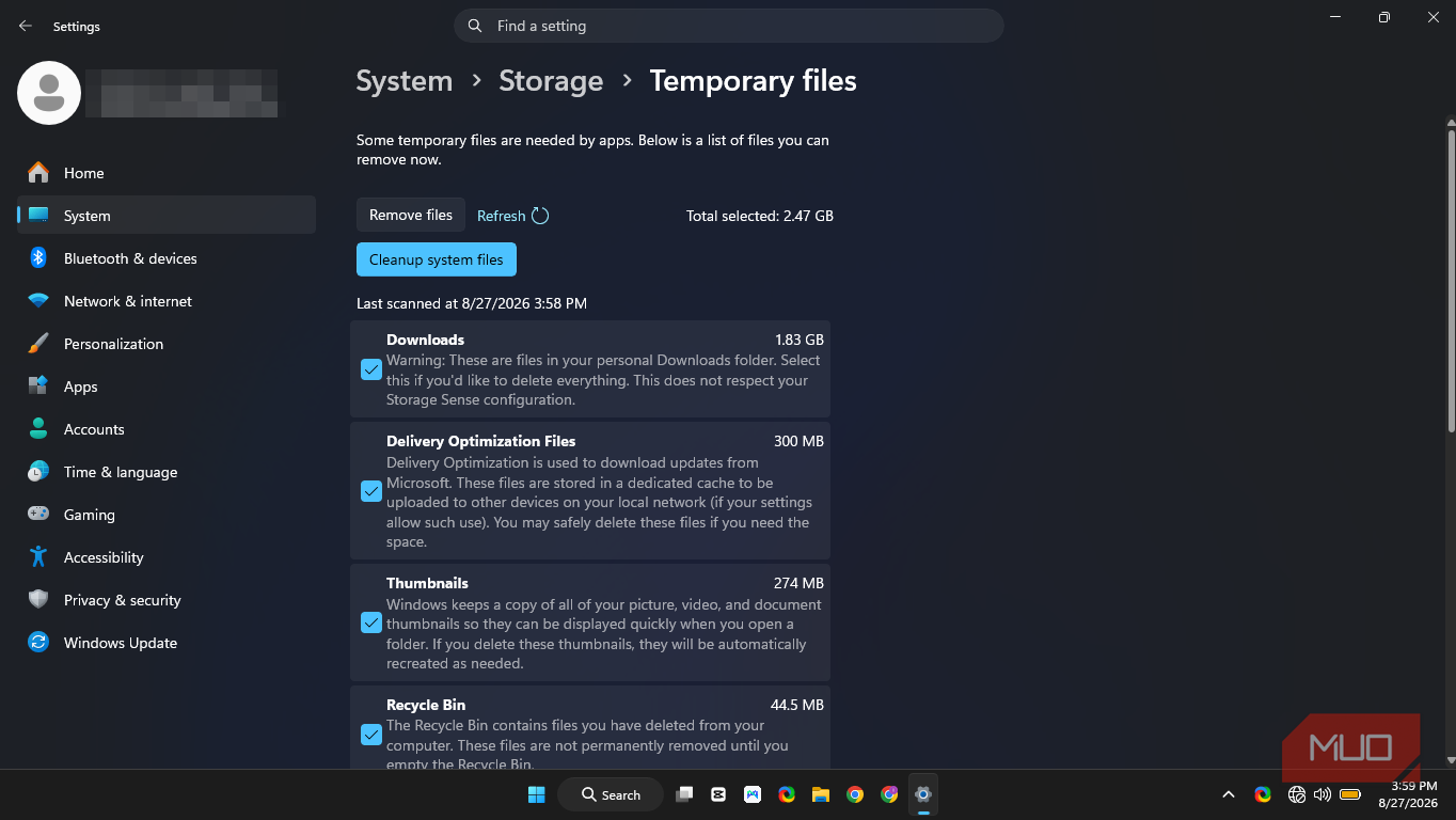 windows11 storage sense cleanup tool showing total 2.47 GB with all the available options ticked.
