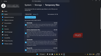 windows11 storage sense cleanup tool showing total 2.47 GB with all the available options ticked.