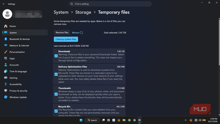 windows11 storage sense cleanup tool showing total 2.47 GB with all the available options ticked.