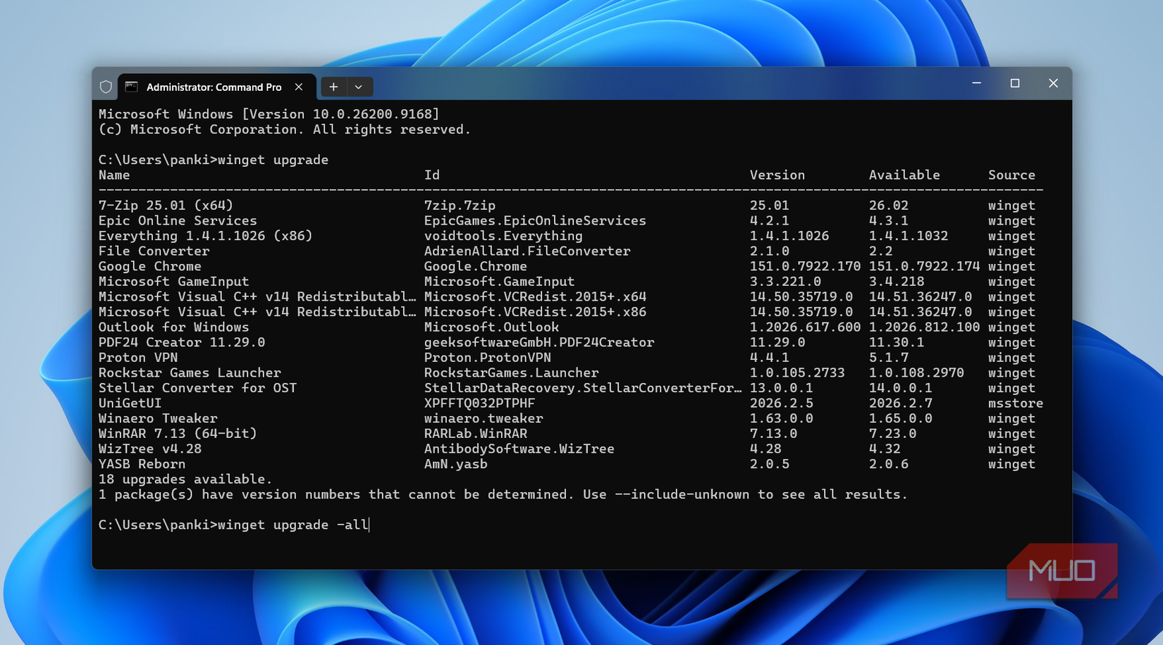 Winget upgrade apps command