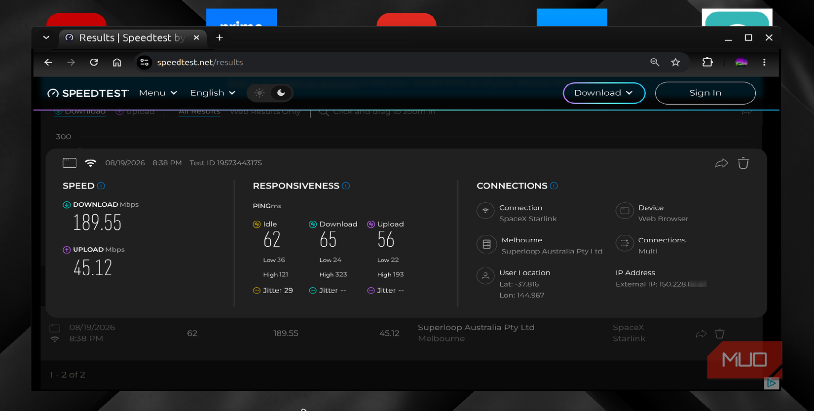 Wired client speedtest.net results connected to Mesh Node via Ethernet