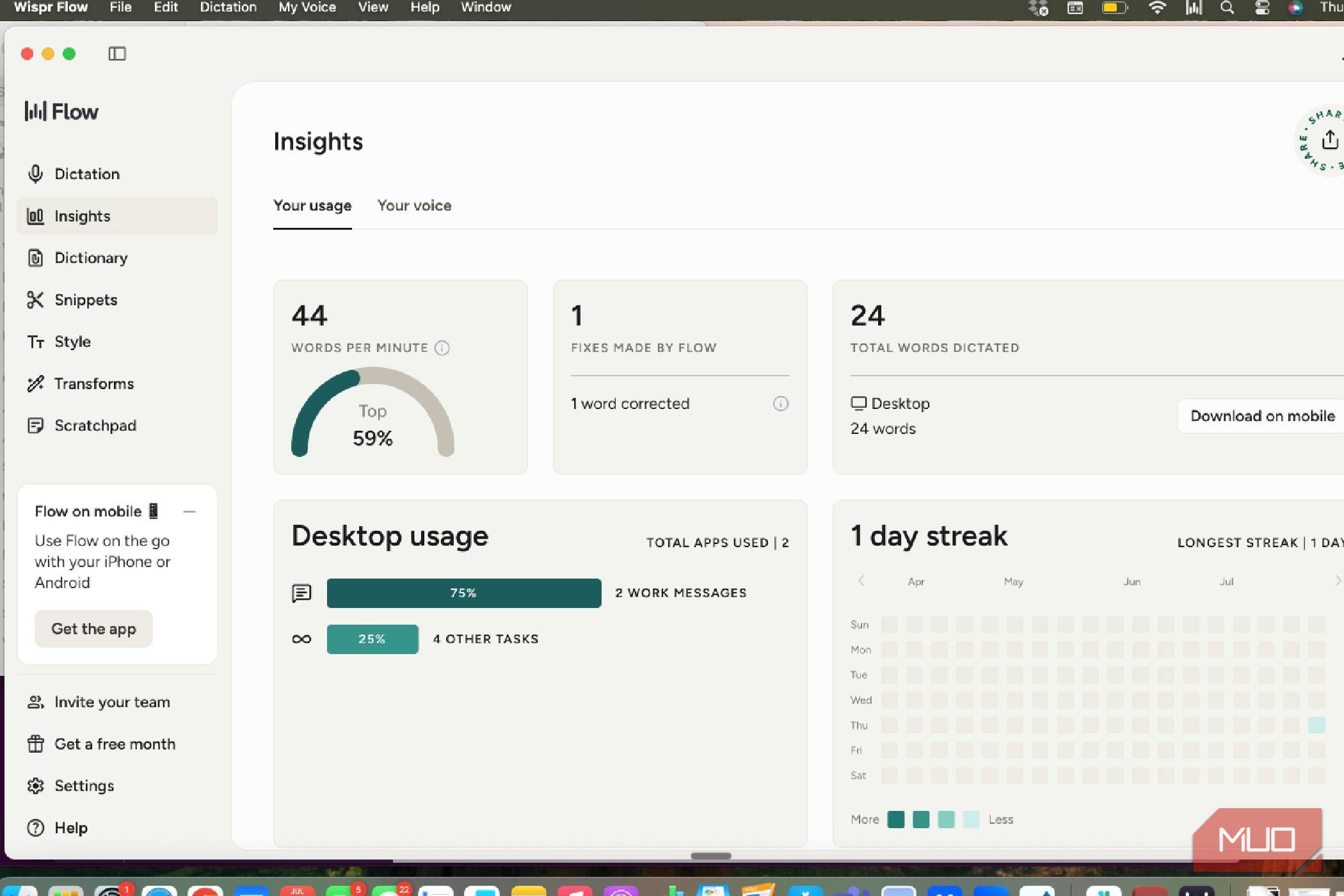 Wispr Flow insights desktop usage