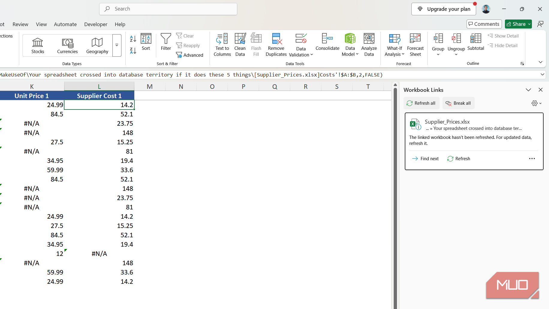 Workbook links sidebar in Excel.