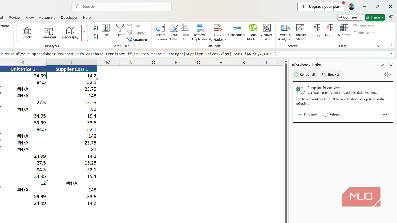Workbook links sidebar in Excel.