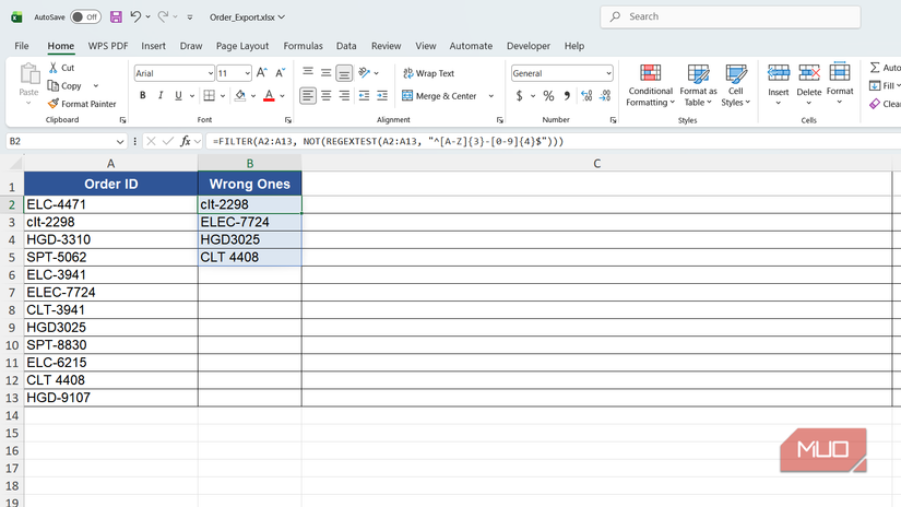 Wrong order IDs listed and highlighted in Excel.