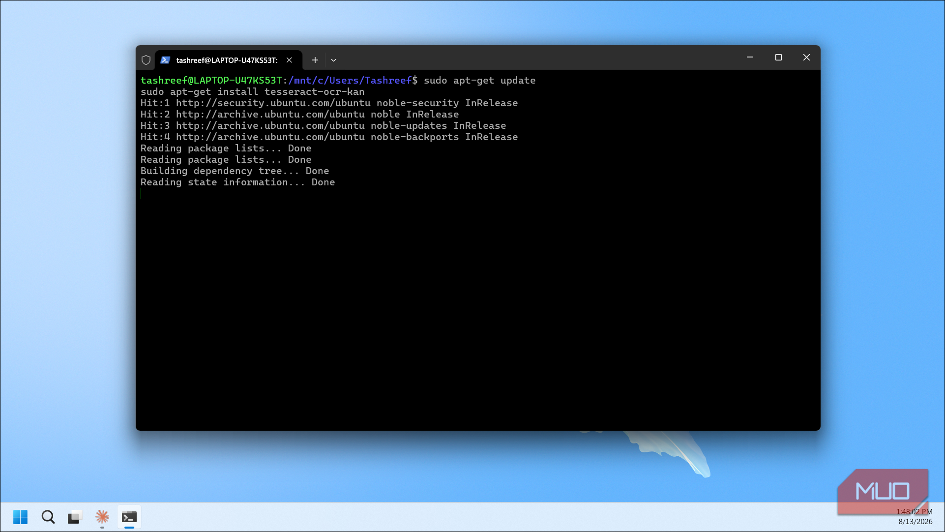 Wsl Terminal Running Apt Get Update And Tesseract Ocr Installation Commands