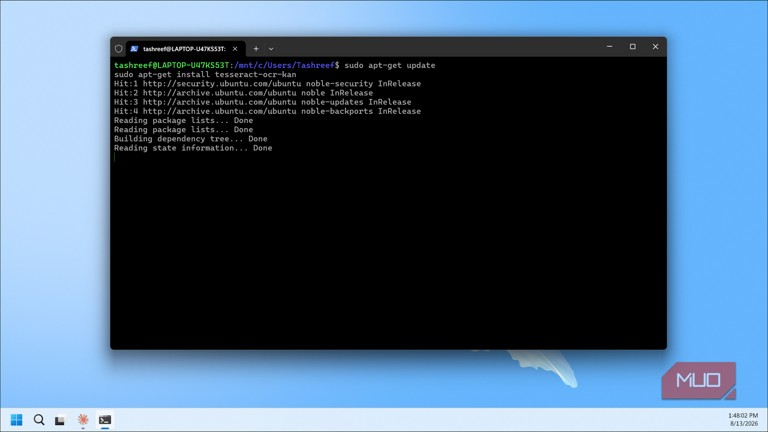 Wsl Terminal Running Apt Get Update And Tesseract Ocr Installation Commands