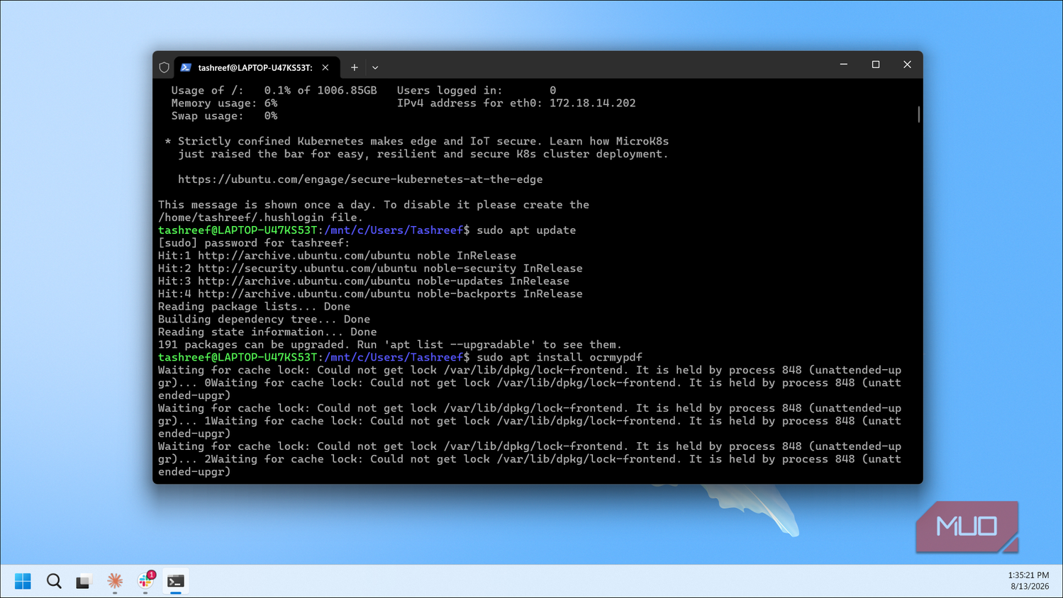 Wsl Ubuntu Terminal Running Sudo Apt Update With Cache Lock Errors