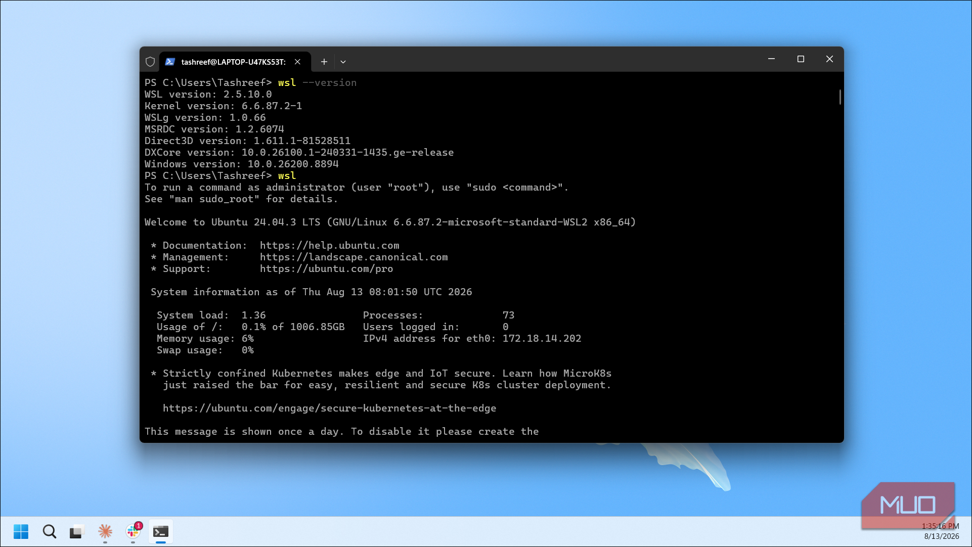 Wsl Ubuntu Terminal Session With System Information And Version Details