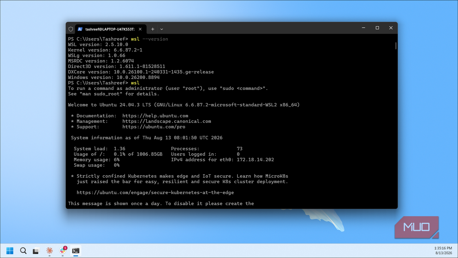 Wsl Ubuntu Terminal Session With System Information And Version Details