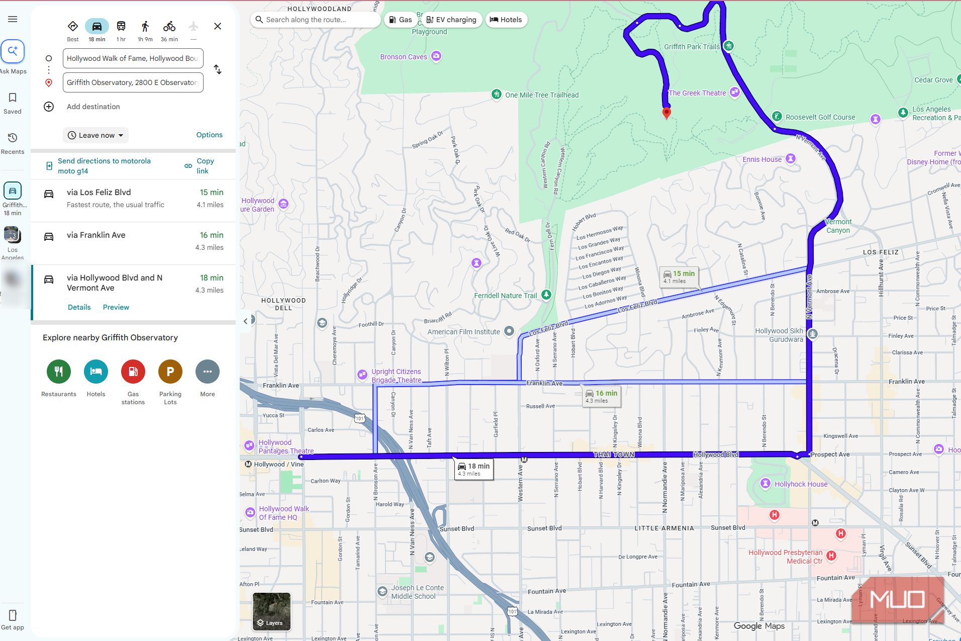 Google Maps directions screen with add stop option open