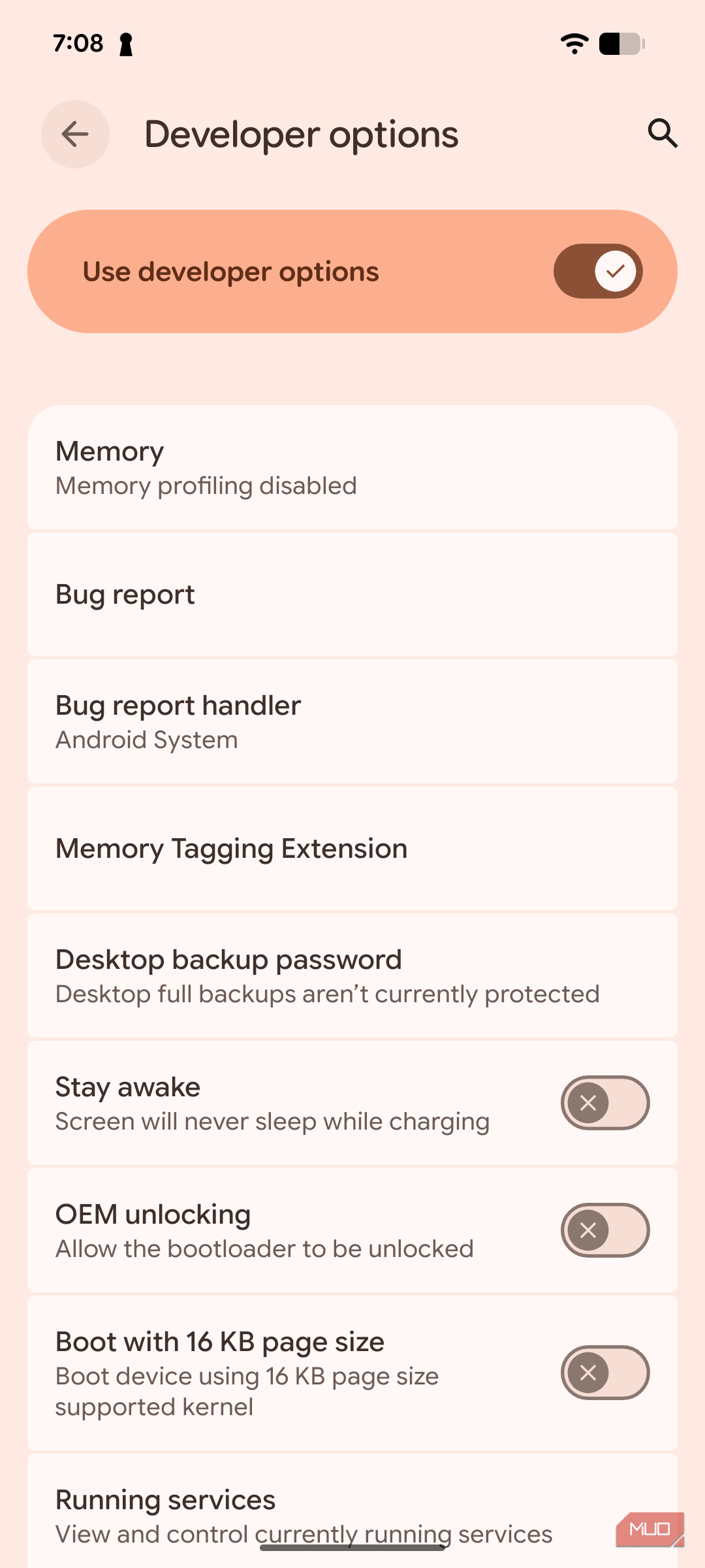 a screenshot of developer options on pixel 8