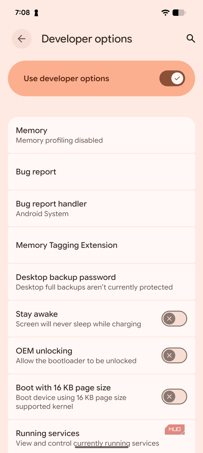 a screenshot of developer options on pixel 8