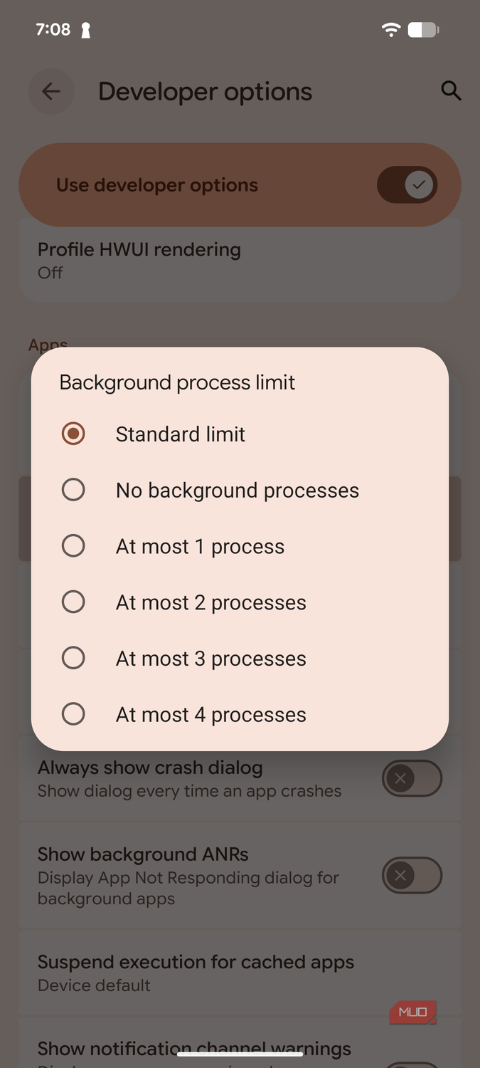 a screenshot of the background process limit on pixel 8