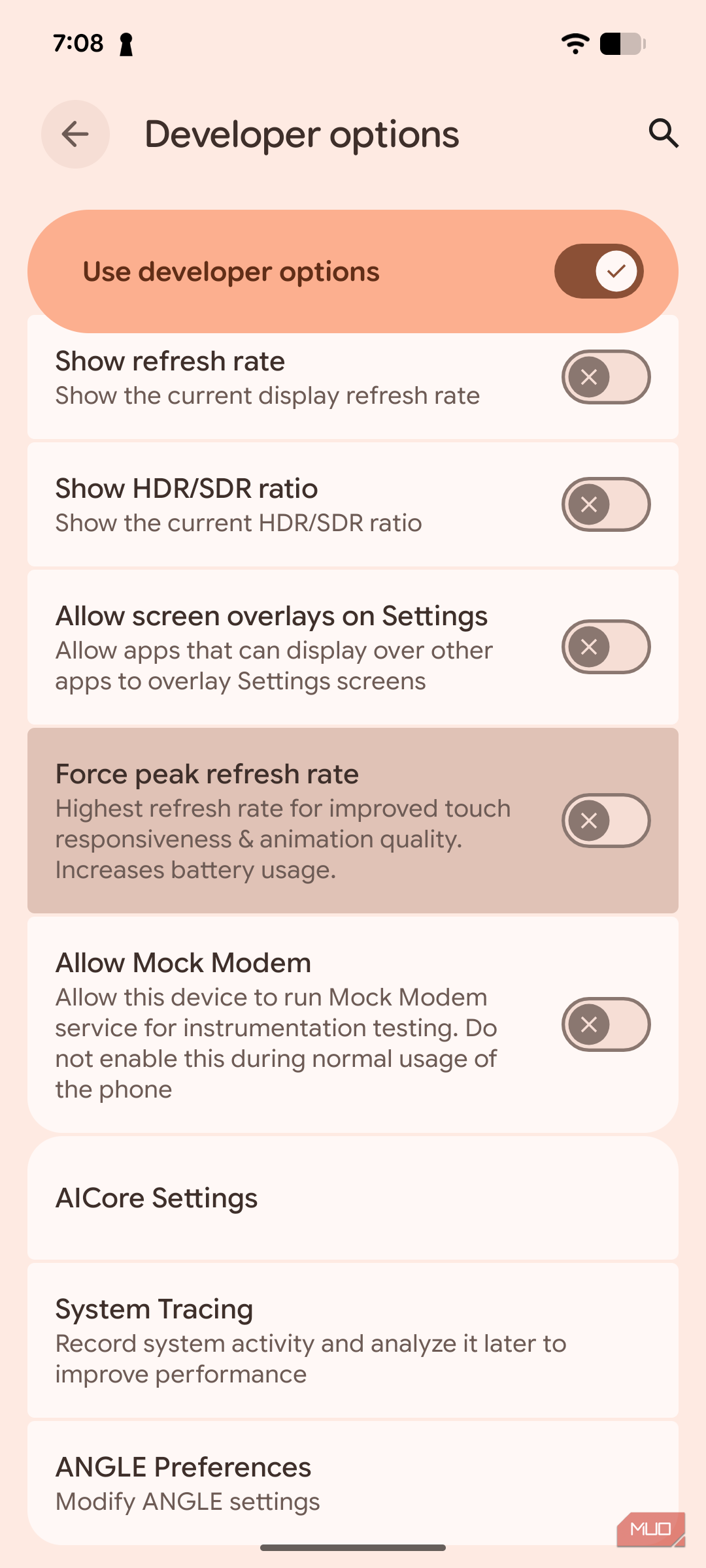 a screenshot of the developer options on pixel 8