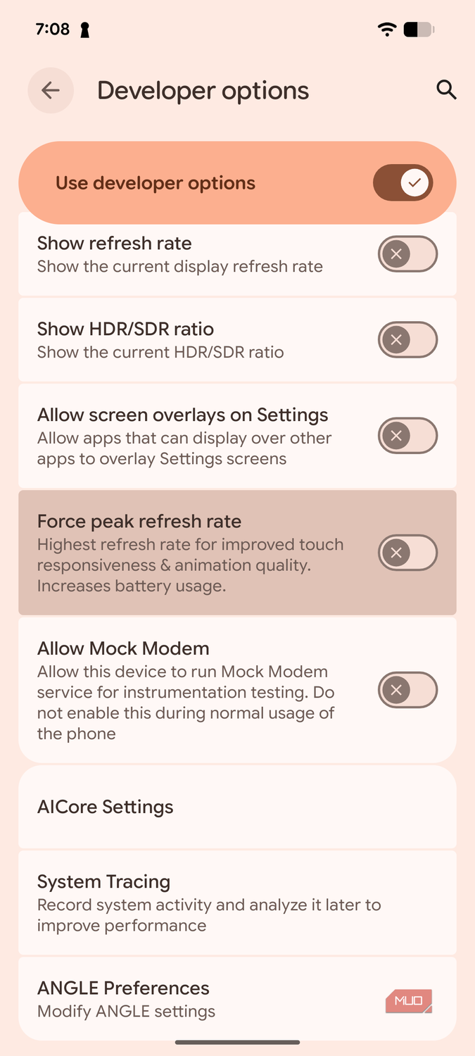 a screenshot of the developer options on pixel 8