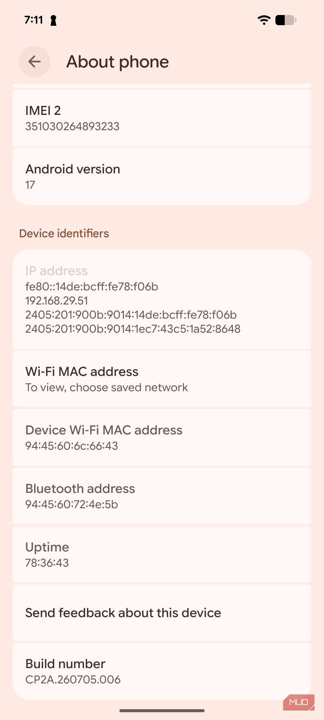 a screenshot of the build number on pixel 8