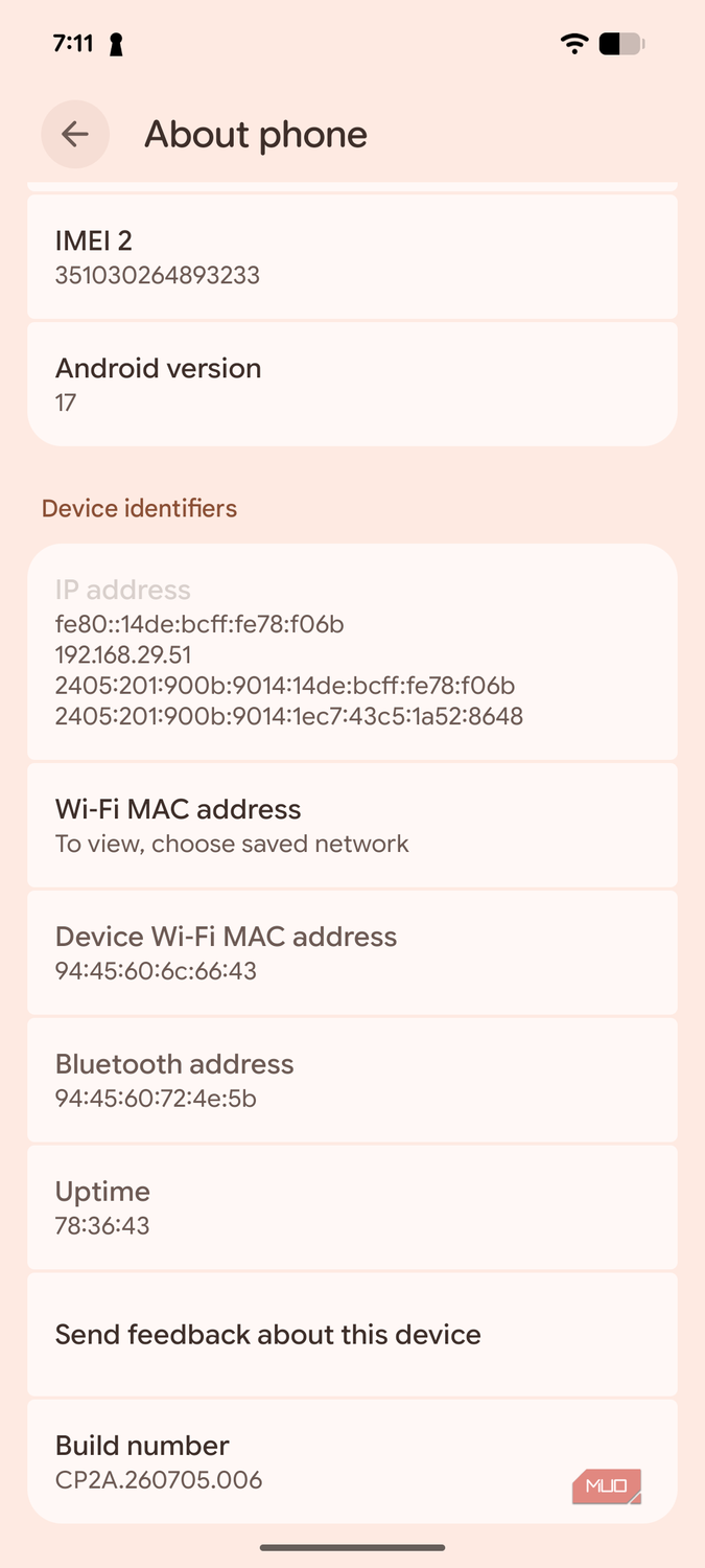 a screenshot of the build number on pixel 8