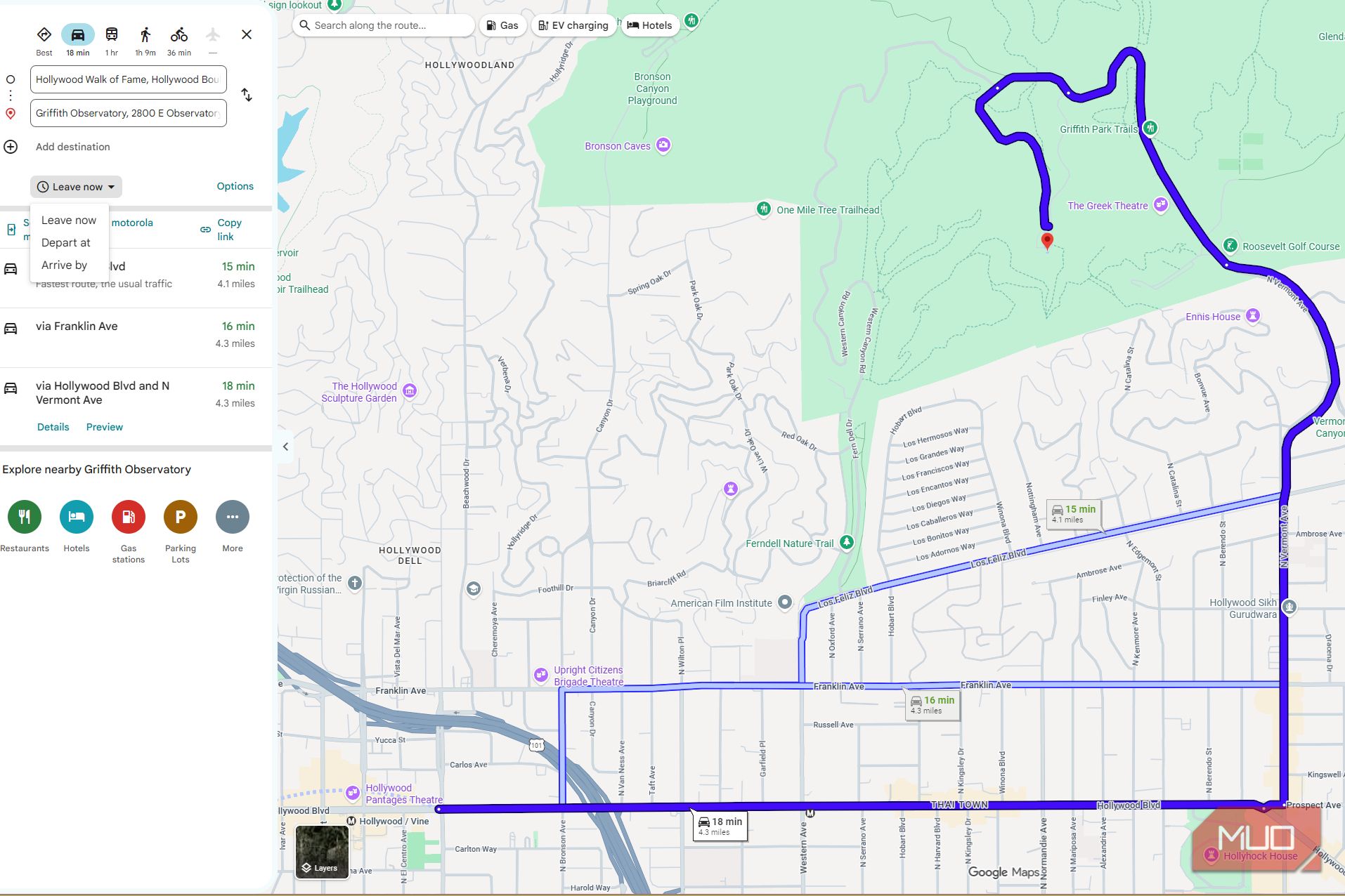 Google Maps Leave now menu with Depart at and Arrive by options
