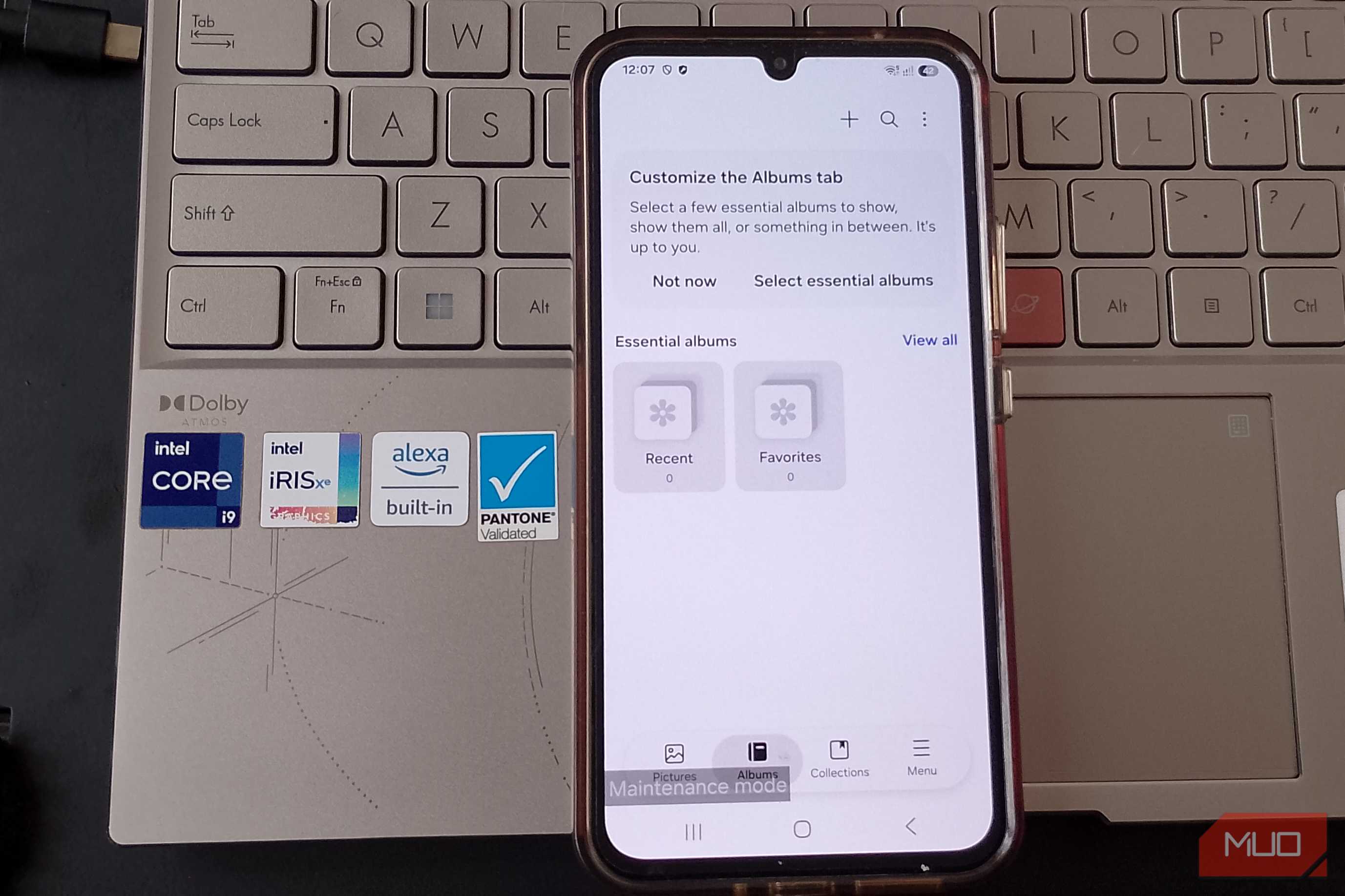 Samsung Gallery Albums tab in Maintenance Mode showing zero Recent and Favorite items