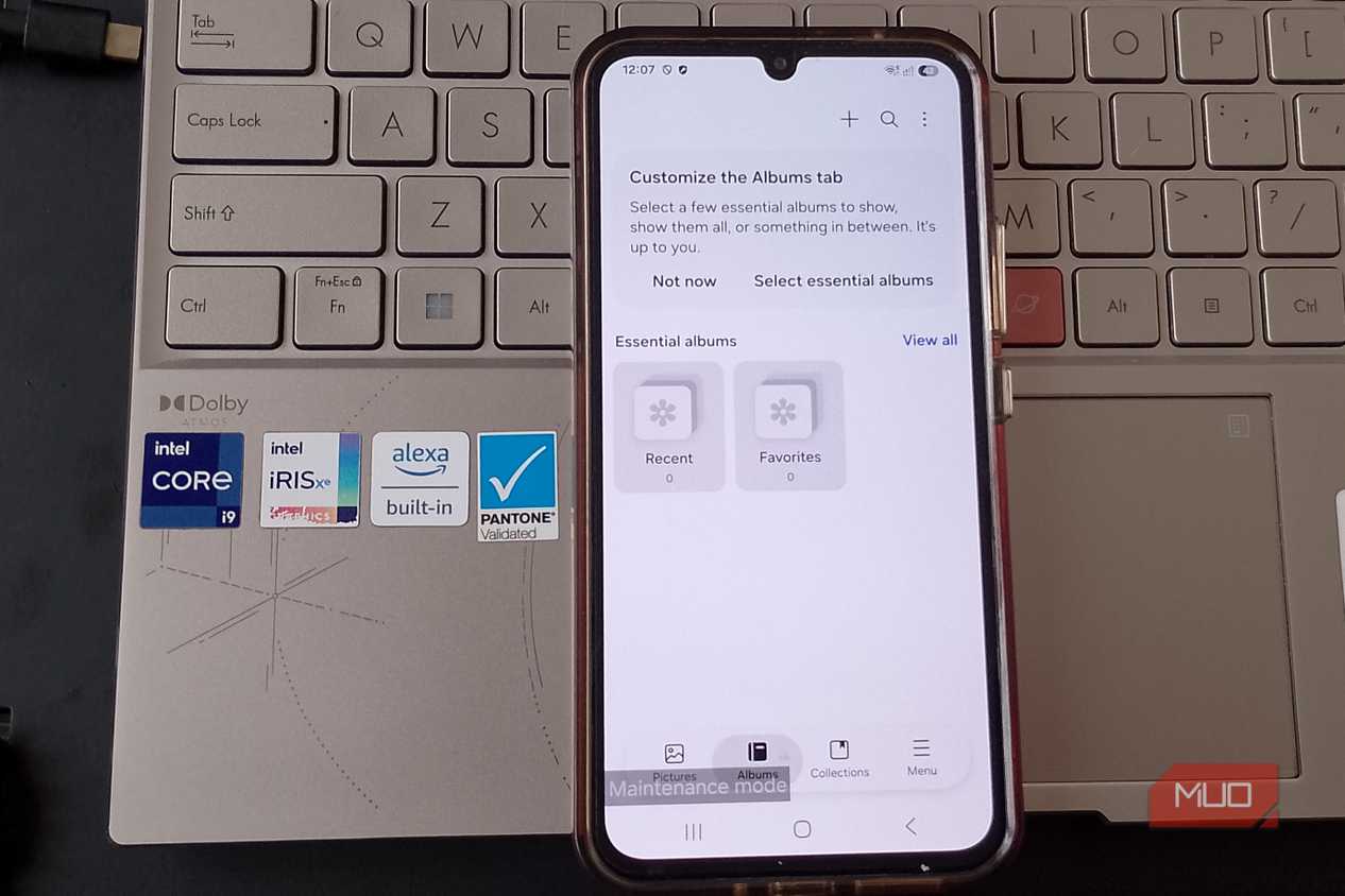 Samsung Gallery Albums tab in Maintenance Mode showing zero Recent and Favorite items