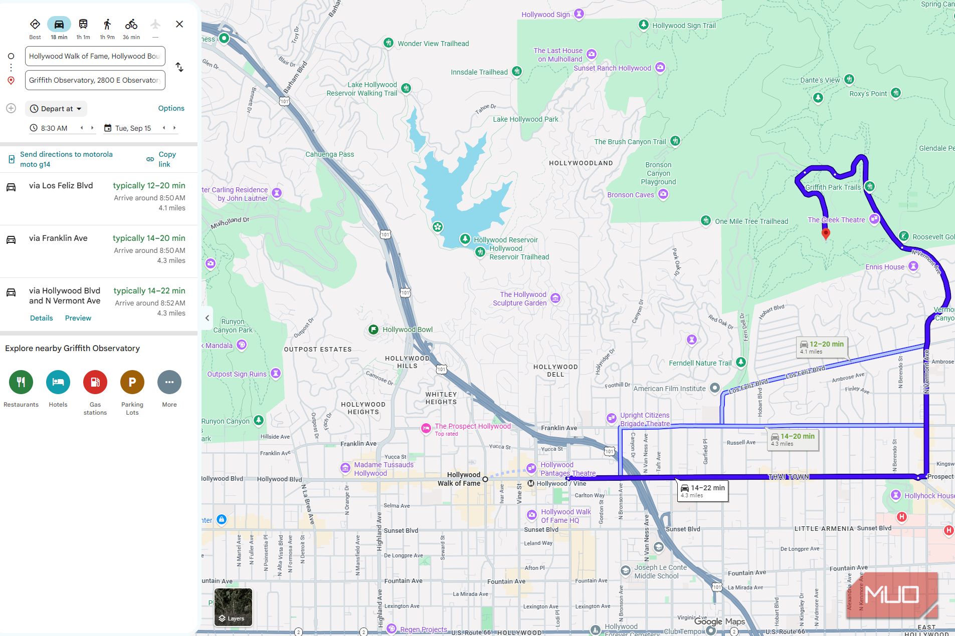 Google Maps departure time estimates showing different travel-time ranges for an 8:30 a.m. departure