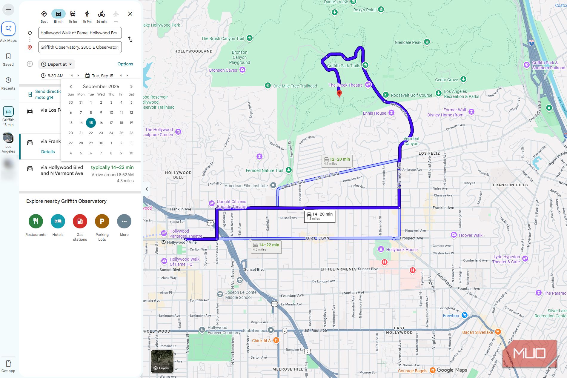 Google Maps departure date calendar for choosing when to leave