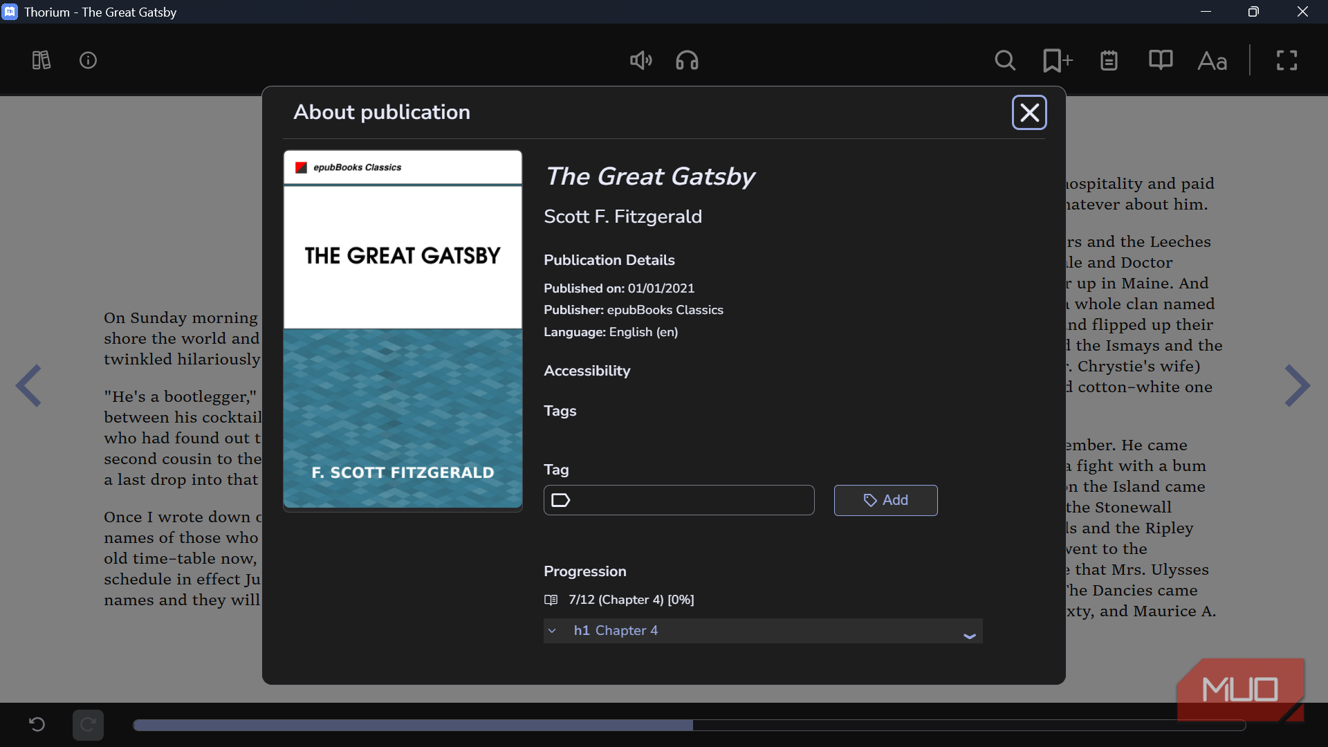 About publication window for The Great Gatsby in Thorium reader