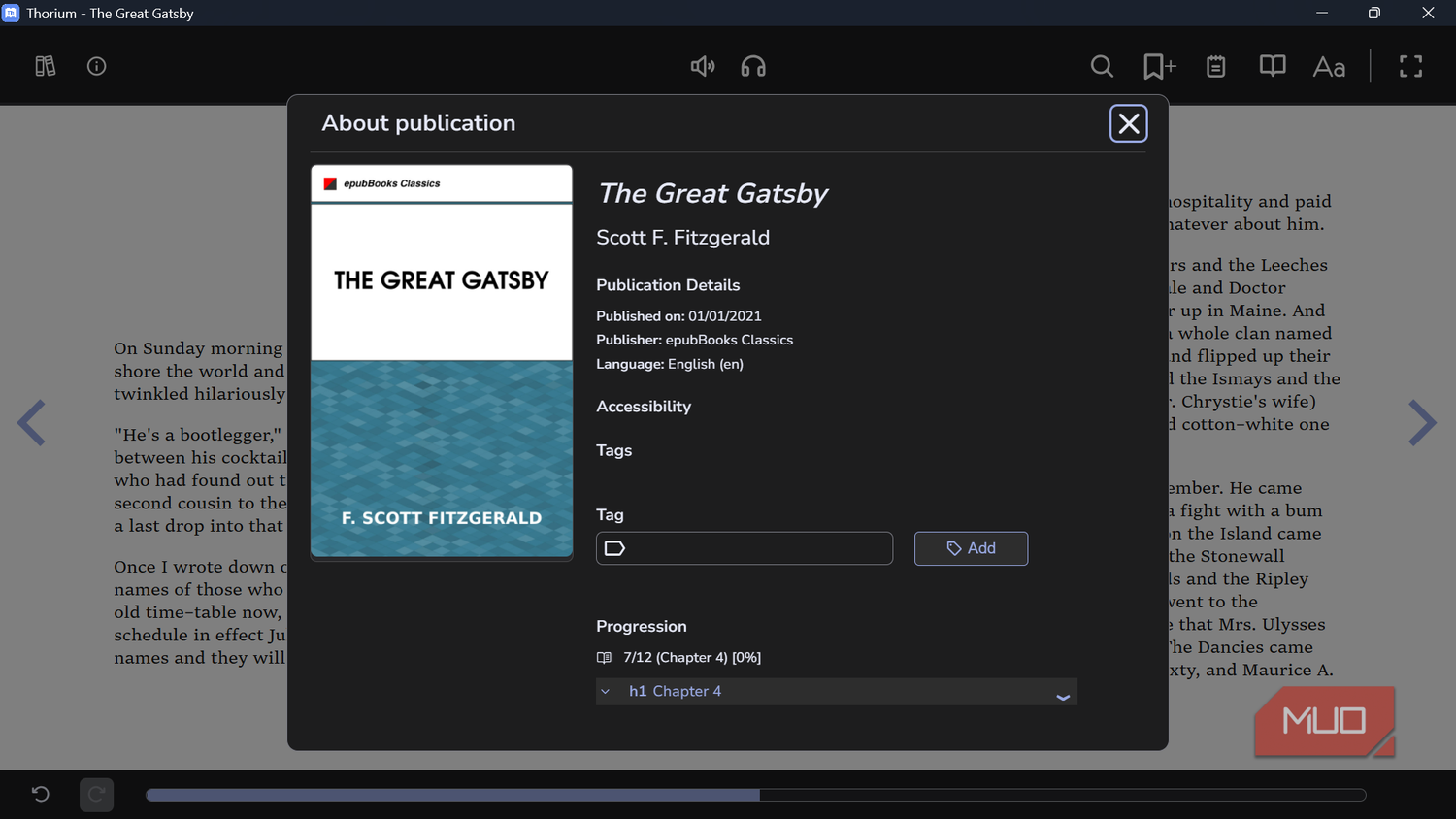 About publication window for The Great Gatsby in Thorium reader