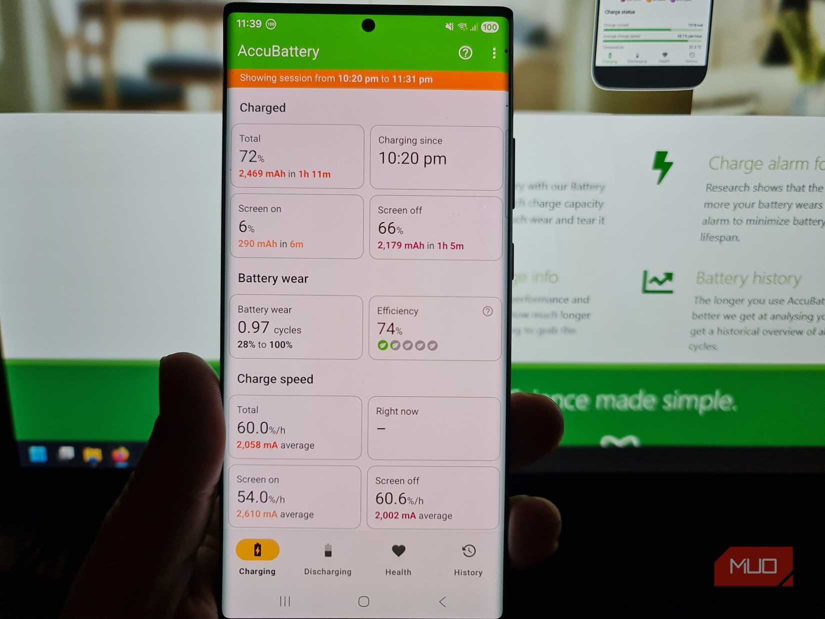 Completed AccuBattery charge session showing 2,469 mAh added from 28% to 100%