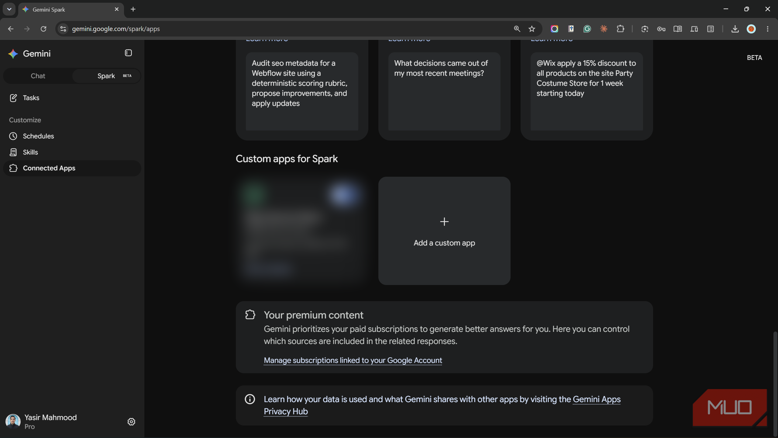 Add a custom app option under Custom apps for Spark in Gemini.
