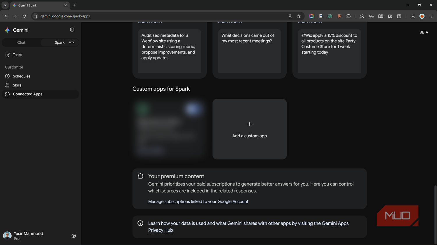 Add a custom app option under Custom apps for Spark in Gemini.