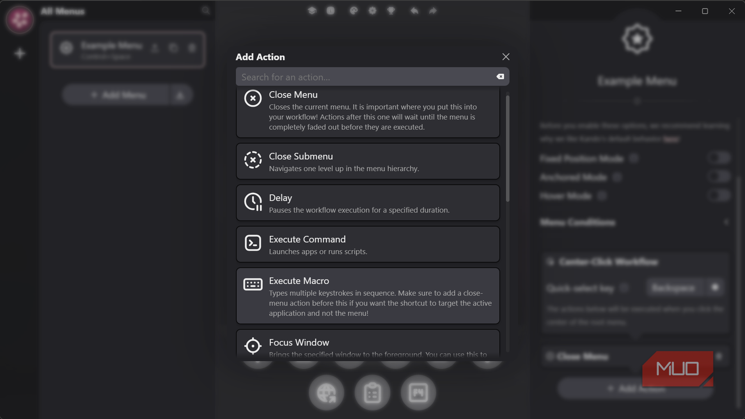 Add action modal in dark mode application