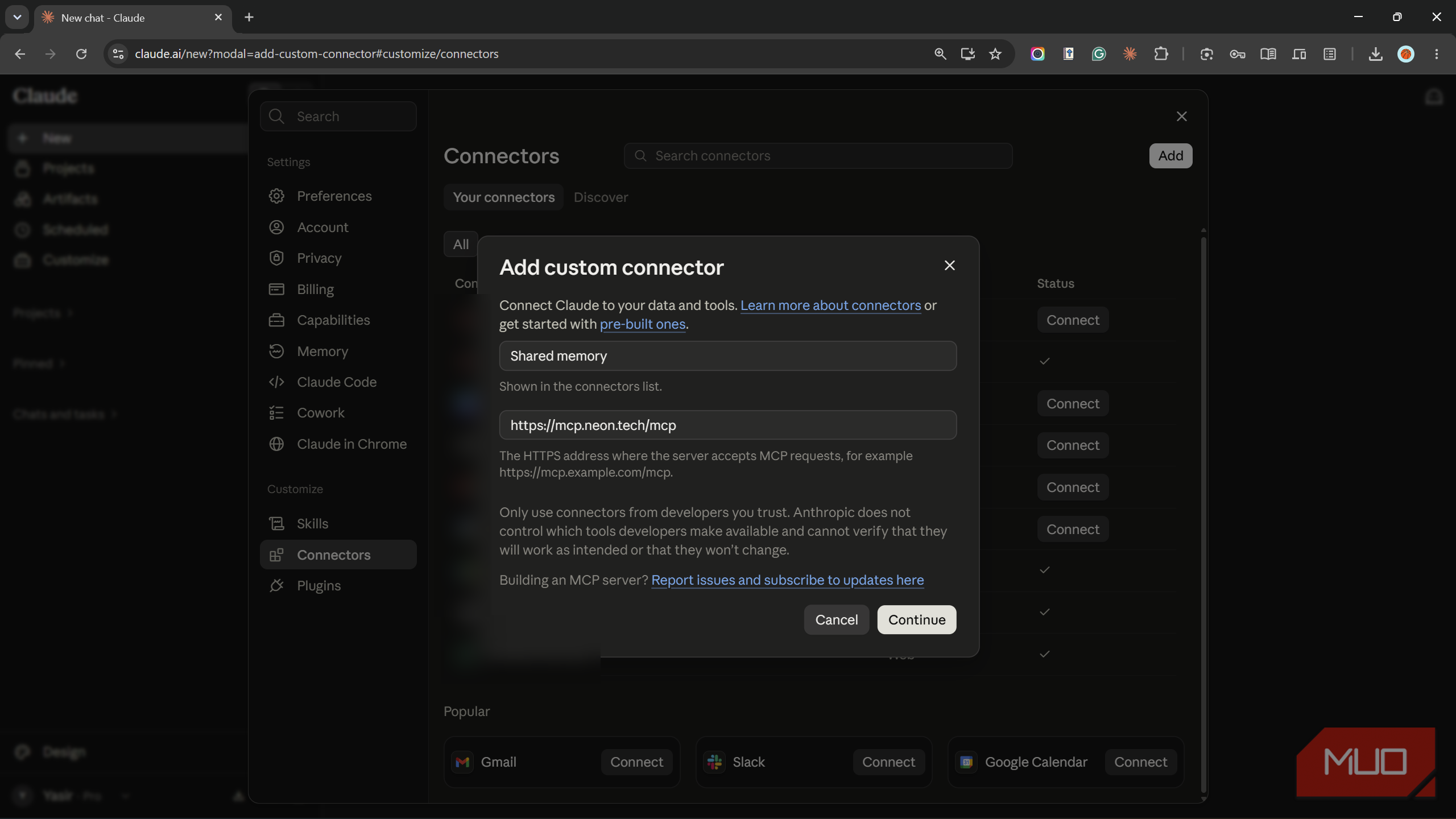 Add custom connector dialog in Claude with the Neon MCP endpoint.