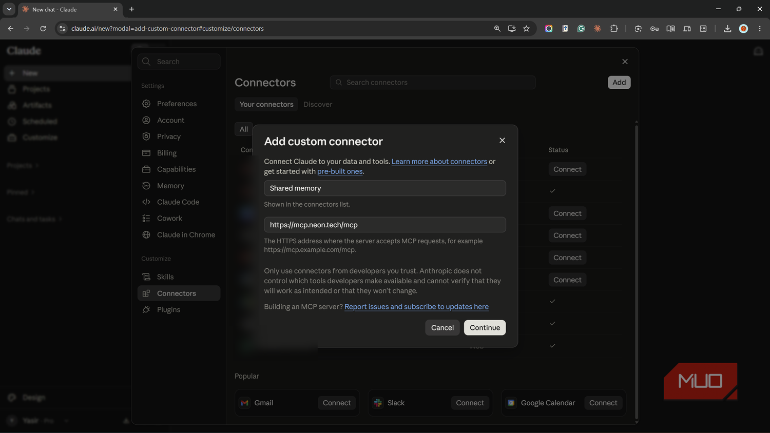Add custom connector dialog in Claude with the Neon MCP endpoint.