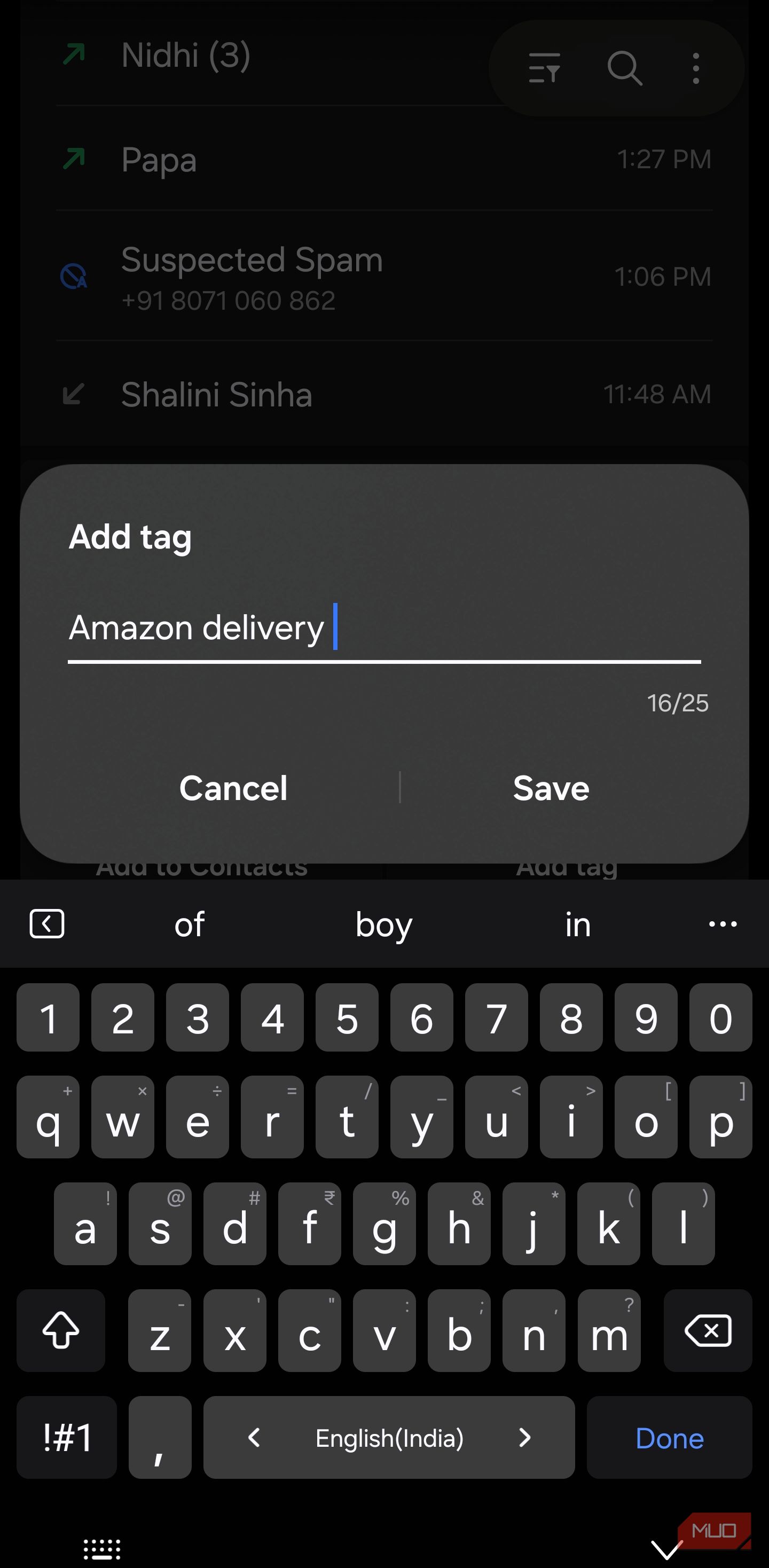 Adding custom tag in Samsung Phone
