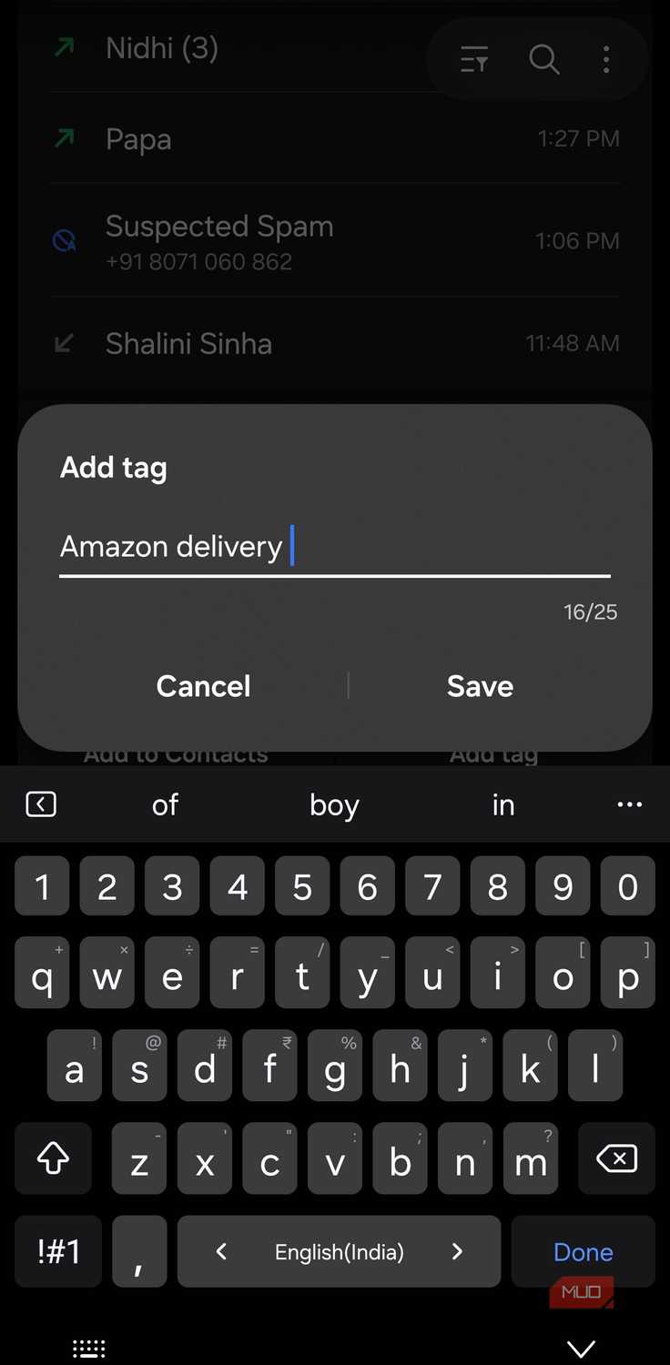 Adding custom tag in Samsung Phone